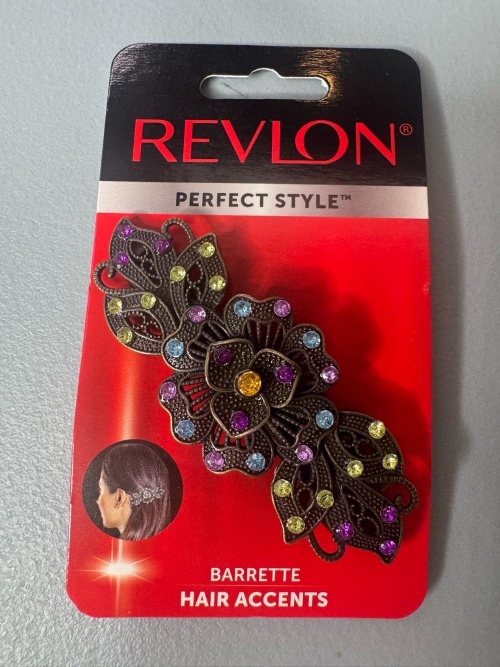 Revlon rhinestone vintage style floral barrette multi-colored Y2K brooch style